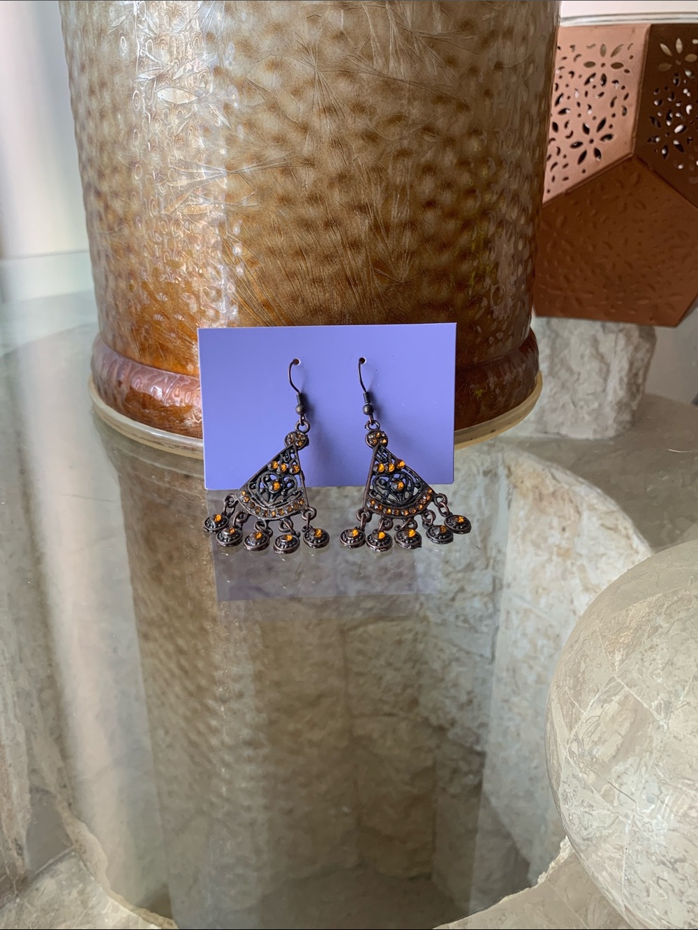 Bohemian Filigree Dangle Earrings in Antique Copper with Amber Stones